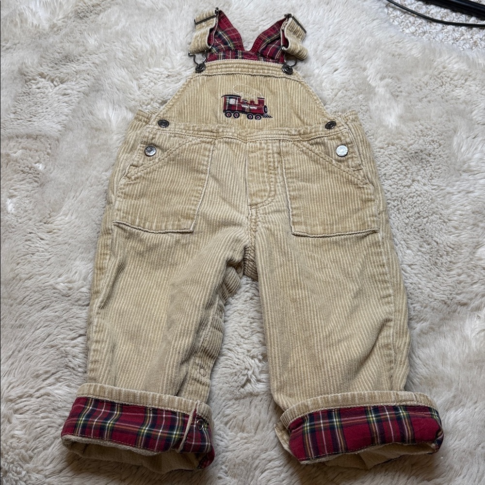🍄18m boys VTG authentic place Kids Tan Corduroy Overalls with Train Embroidery